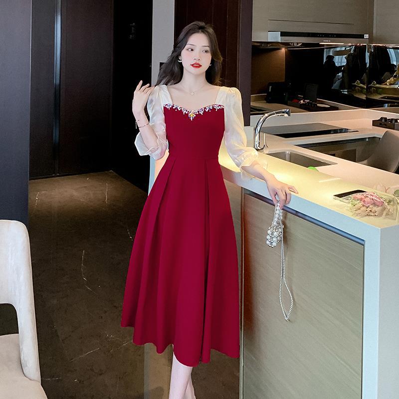 2025 Burgundy Autumn Bride Tulle Sleeve Engagement and Banquet Dress