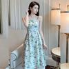 Seaside Vacation Pearl Neck Suspender Skirt French Retro Floral Medium and Long Dress Women's Summer Niche Design Sense