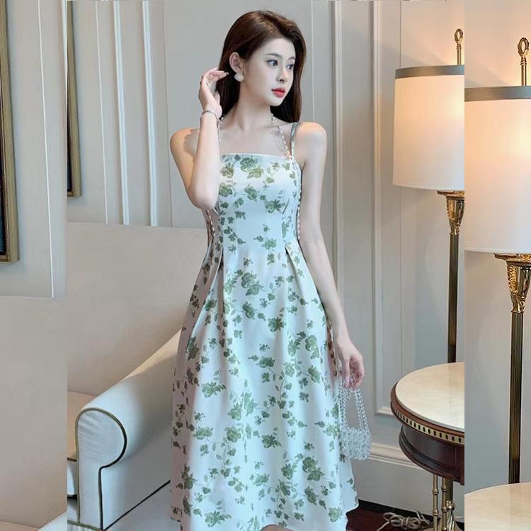 Seaside Vacation Pearl Neck Suspender Skirt French Retro Floral Medium and Long Dress Women's Summer Niche Design Sense