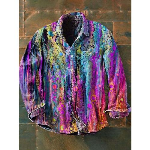 Retro-style Colour-block Print Men’s Long-sleeved Button-down Shirt