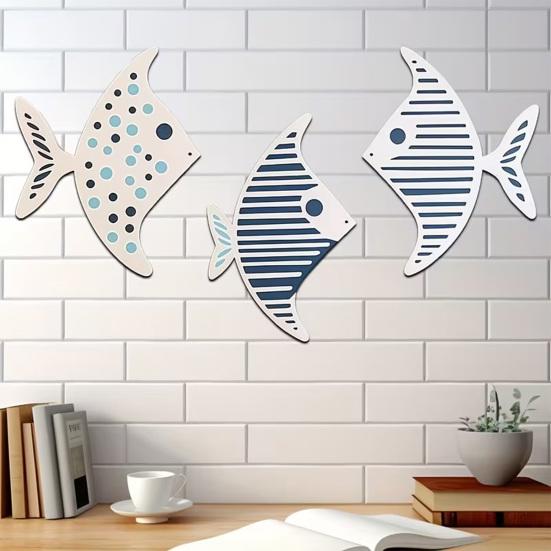 3 Pcs Wood Fish Nautical Wall Decor Rustic Farmhouse Ocean Fish