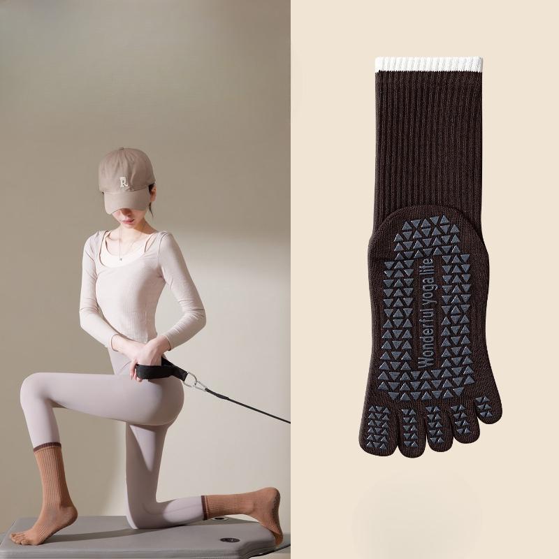 Yoga Socks - Five-finger Mid-calf Winter and Autumn Fitness Sports Toe-separation Socks with Anti-slip and Moisture-absorbing Properties Long Socks
