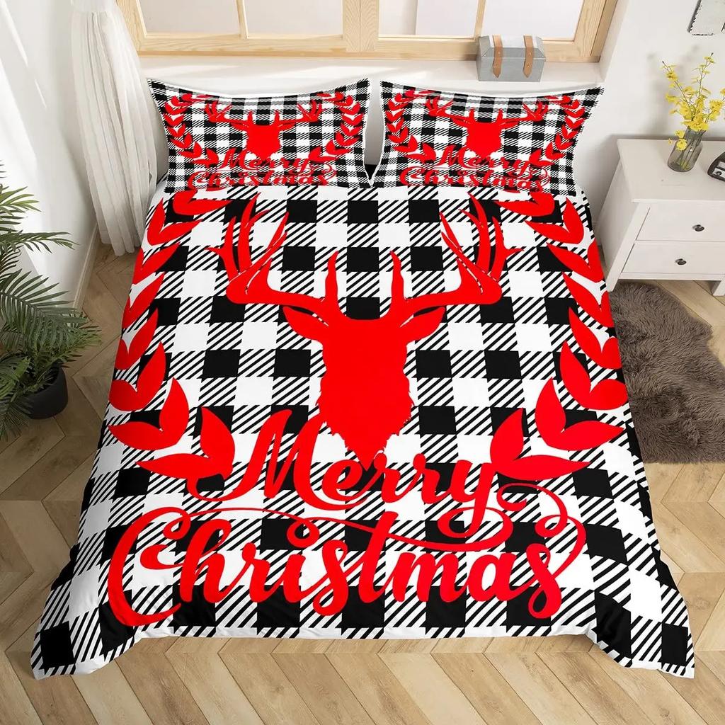 Comforter Merry Christmas Red Buffalo Checked Rustic Truck Comforter plaid Xmas Tree Elk Deer Snowflake Bedding Sets