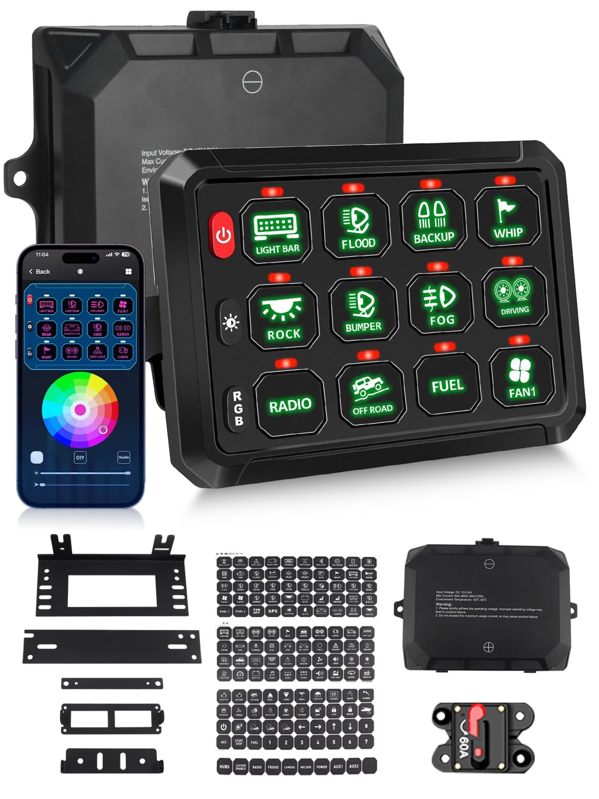 

NORTHYUN Switch Panel with Mobile APP RGB Dimmable Power Circuit Relay System Box for Jeep 12-Gang Control, Bluetooth, Backlight, LED, Management,