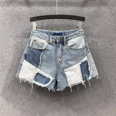 Pantaloni scurți unici din denim cu blocuri de culoare, model patchwork, pentru femei, cu croială lejeră, cu picior larg