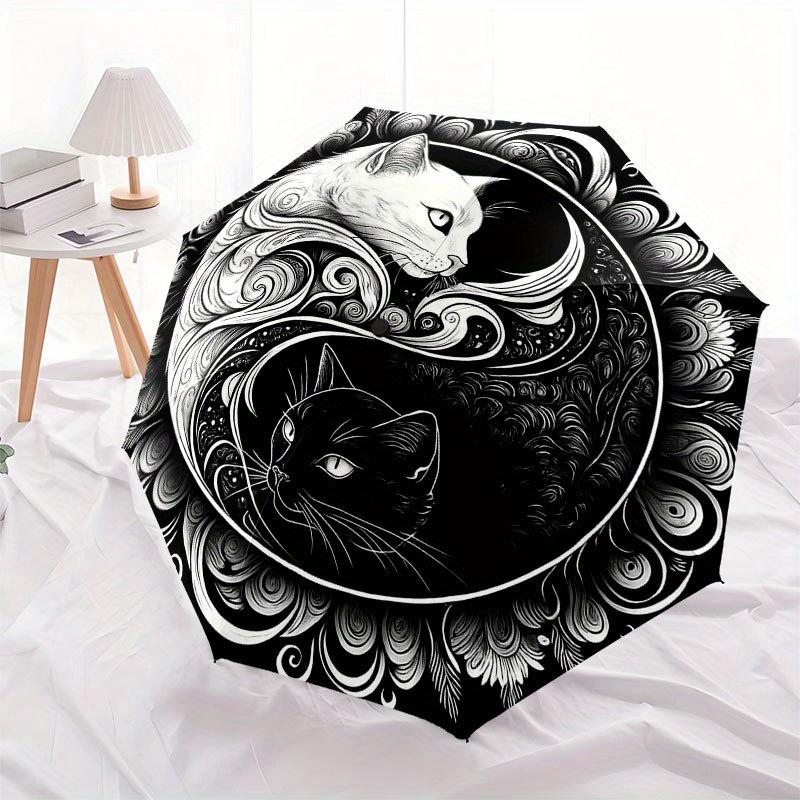 Yin Yang Katzen: Ein einzigartiges Schwarz-Weiß-Kunstwerk für Ihre Wohnkultur Regenschirm, Niedlicher Regenschirm mit süßem Design, Tragbarer 3-fach kompakter Regenschirm für Männer