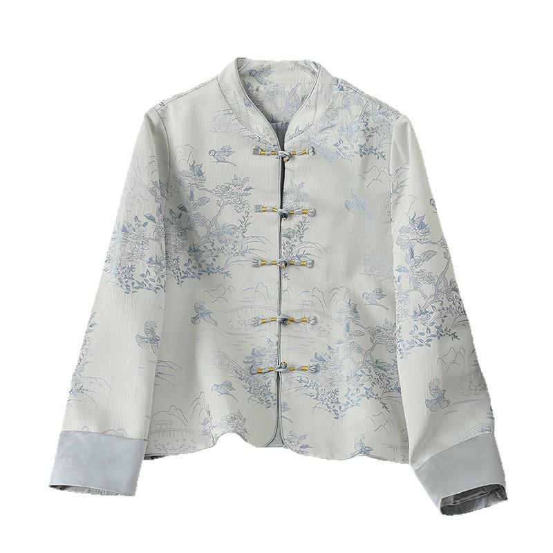 Women's Retro Style Mandarin Jacket with Embroidered Jacquard and Frog Buttons