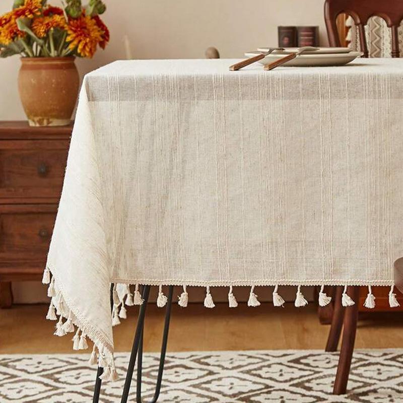 European Retro Cotton Linen Tablecloth Line Tassel Dining Table Dustproof Decorative Cover Cloth Kitchen Restaurant Party Desktop Protective Cover 90*90cm 1pcs
