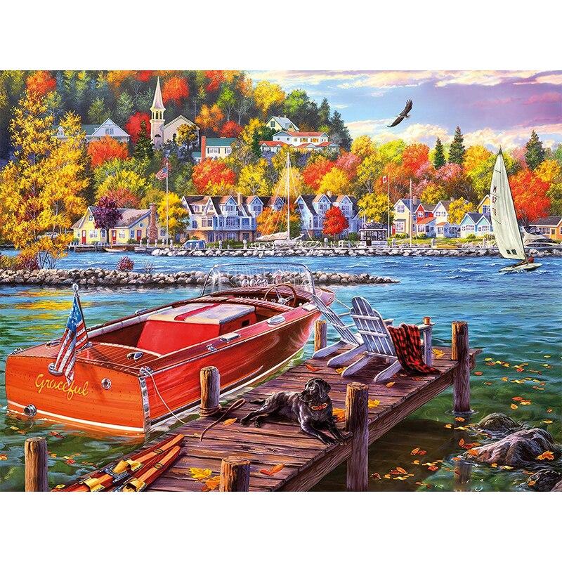 Pictură cu diamant 5D DIY, peisaj, casă, broderie cu diamante, peisaj, punct de cruce, complet rotund, burghiu, decor manual, cadou