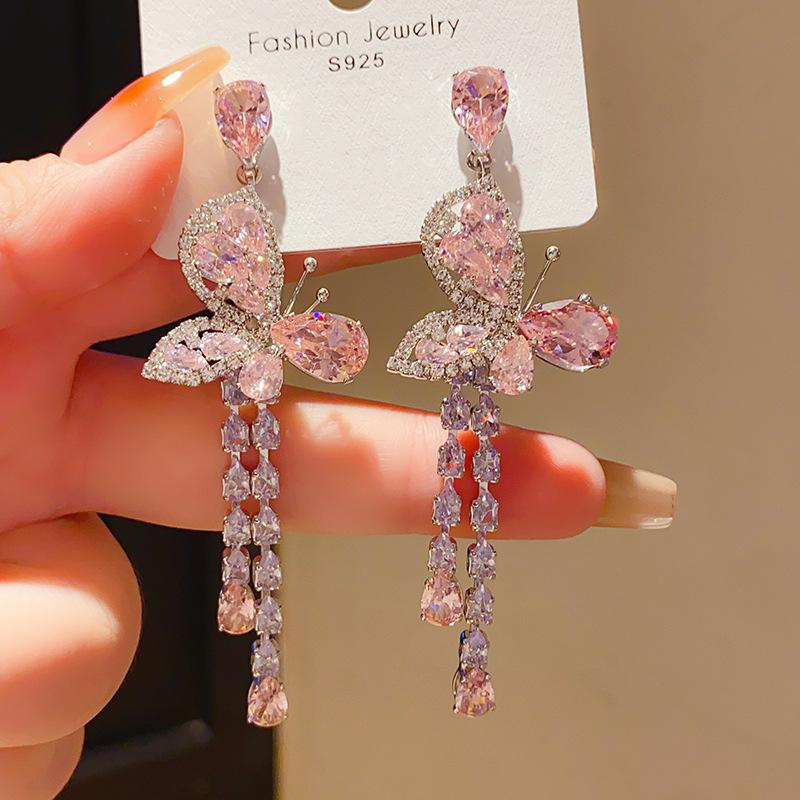 Silver Needle Luxury Cubic Zirconia Butterfly Water Drop Tassel Earrings, European & American Retro, Sweet Exquisite Chic Unique Fashion Earrings