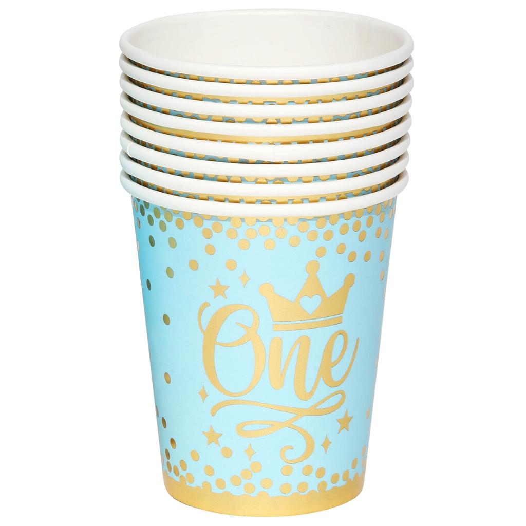 Blue Gold Boy One Year Birthday Disposable Tableware King Crown Plates Paper Cups 1st Baby Boy First Happy Birthday Party Decor