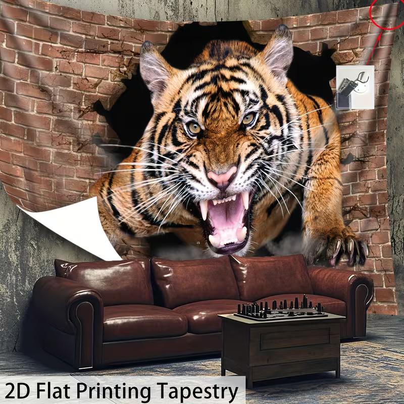 2D Roaring Tiger Tapestry Realistic Brick Wall Background Decor
