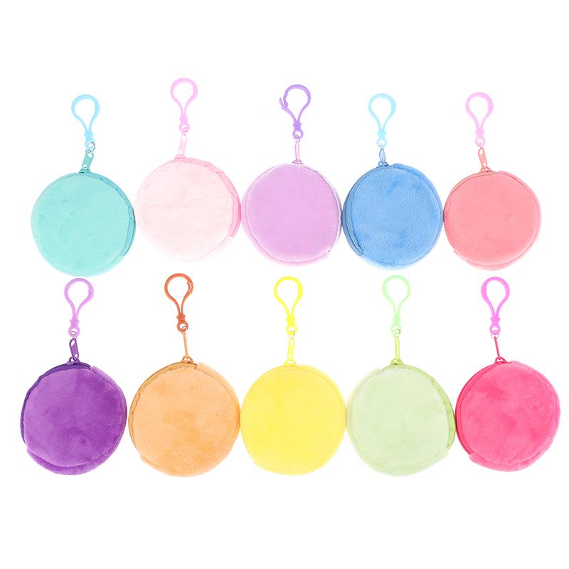 Candy Color Round Plush Coin Purse Women Cute Solid Color Change Pouch Wallet Keychain Portable Earphone Storage Bags