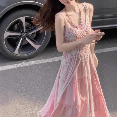 Pinkes Spaghettiträgerkleid für kleine Frauen & Quasten-Überwurf - Sommer-Strand-Outfit-Set