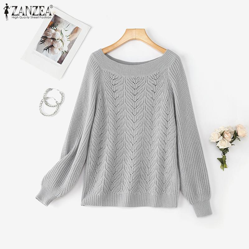 ZANZEA Autumn Winter Women Off Shoulder Long Sleeve Knitted Hollow Sweater Jumper Pullovers