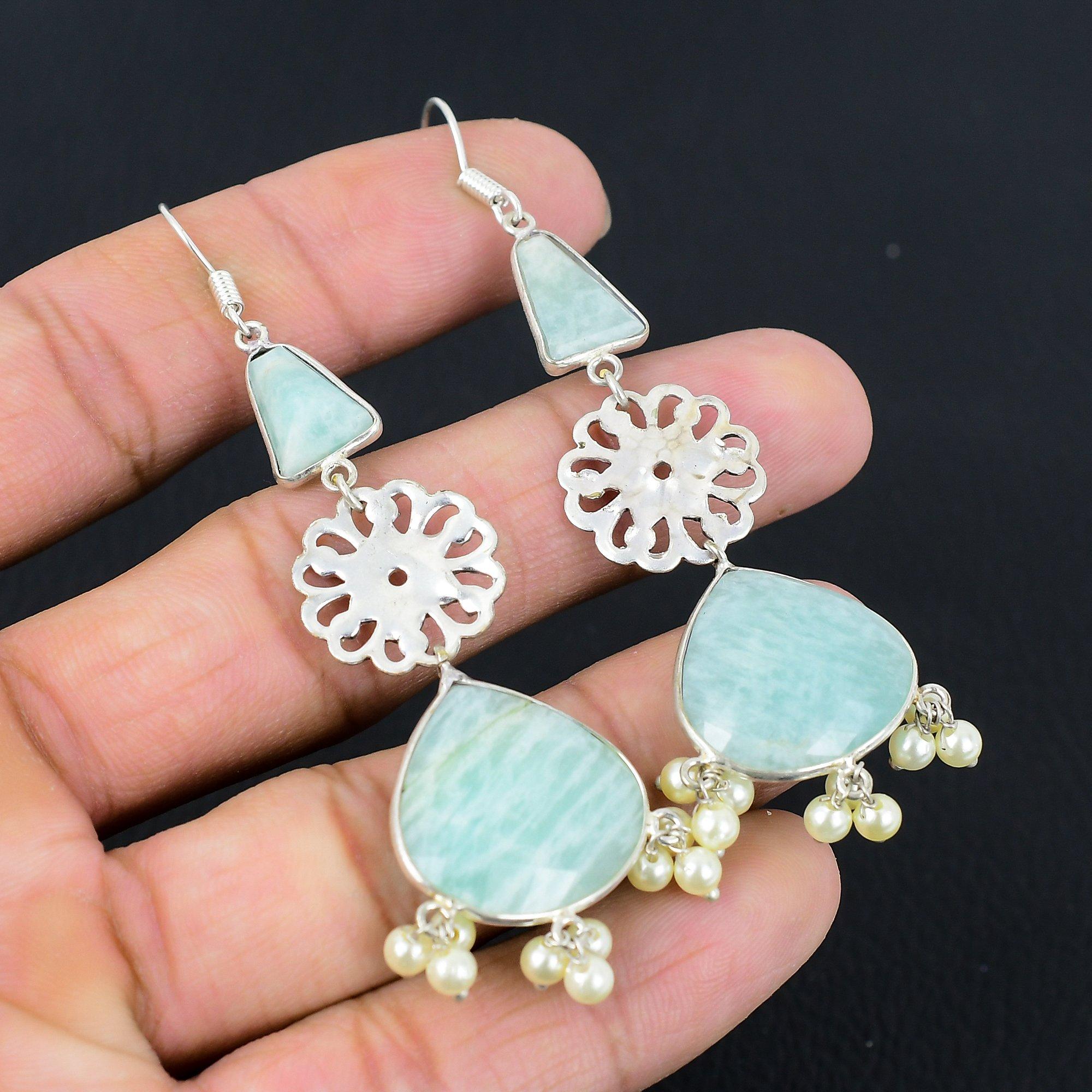 

Pear Amazonite Stone 925 Silver Unique Hook Dangle Heart Chakra Earrings Jewelry