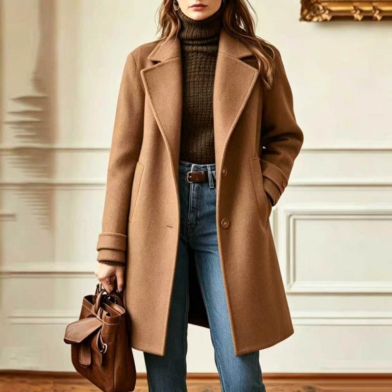 Women's Retro Casual Mid-Length Wool Coat with Lapel Collar for Winter Everyday Wear