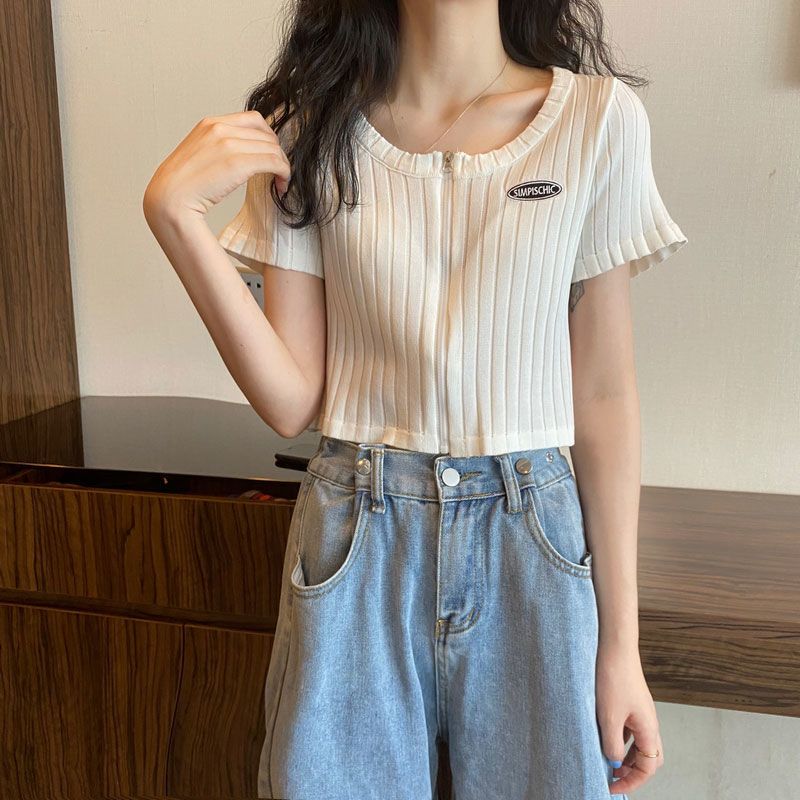 Black Short Sleeved Slim Knit Sweater Paired with Cardigan for Women In Summer White Short Tight Fitting Exposed Navel Thin Top