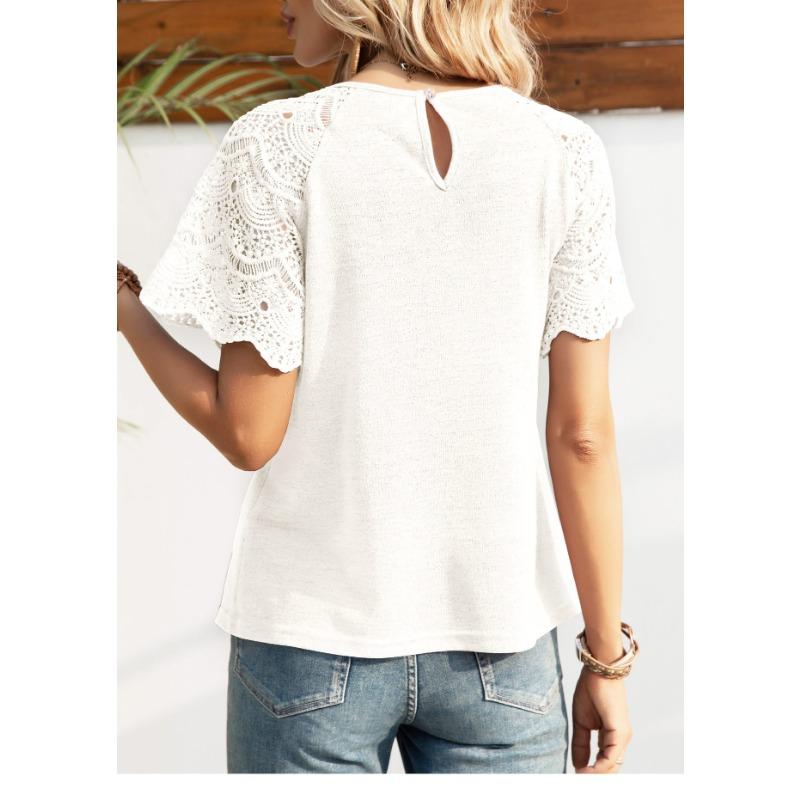 Sommer Damen T-Shirt Mode Rundhals Spitze Kurzarm Top