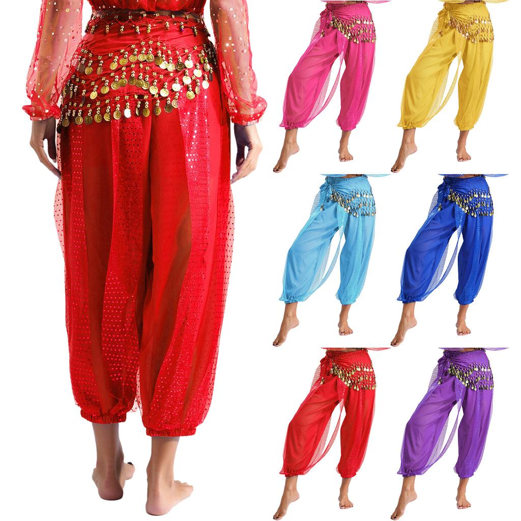 Damen Bauchtanz Bloomers Haremshose Elastischer Bund Paillettenbesetzte Schicht Schnürung Hüfttuch Halloween Kostüm