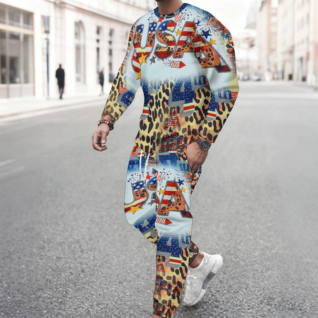 Men Vintage Star Stripe Print Long Sleeve Sweatshirt Drawstring Cuffed Jogger Pants Two Piece Streetwear Suit