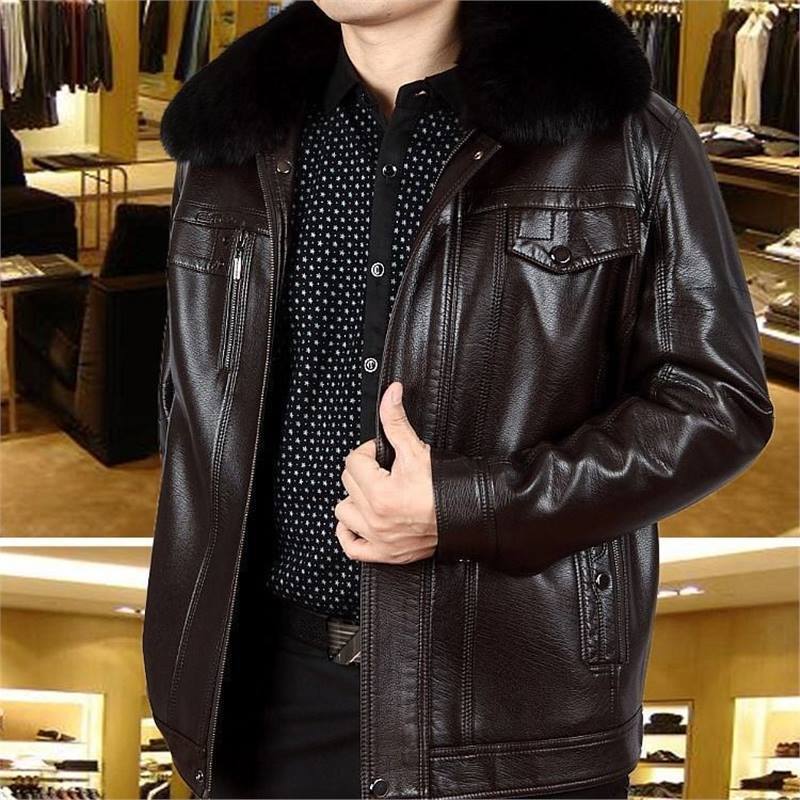 Winter new men's leather jacket lapel collar fur collar middle-aged leather jacket dad casual velvet leather jacket men's clothing