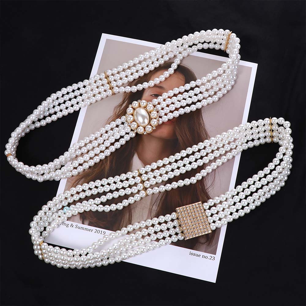 For Girls Elastic Metal Buckle Crystal Women Waistband Dress Decoration Korean Belt Faux Pearl