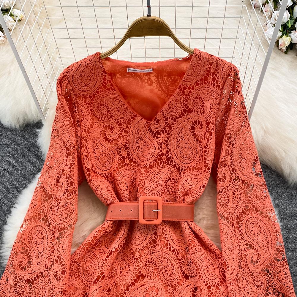 Spring Autumn Red/Yellow/Purple/Blue Hollow Out Embroidered Long Dress Women Vintage Lace Puff Sleeve Party Maxi Vestidos