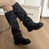 Retro Pleated Stacked Boots Women's 2025 New Long Western Cowboy Boots High Thick Heel Thick-soled Martin Boots Women