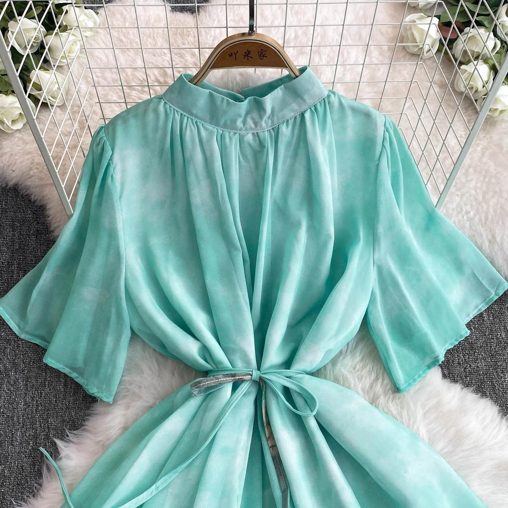 Temperament Stehkragen Kurze Flare Ärmeln Kleid Frauen Hohe schlanke Taille Robe 2024 Neue Tinte Printr schnüren up Frau Kleider