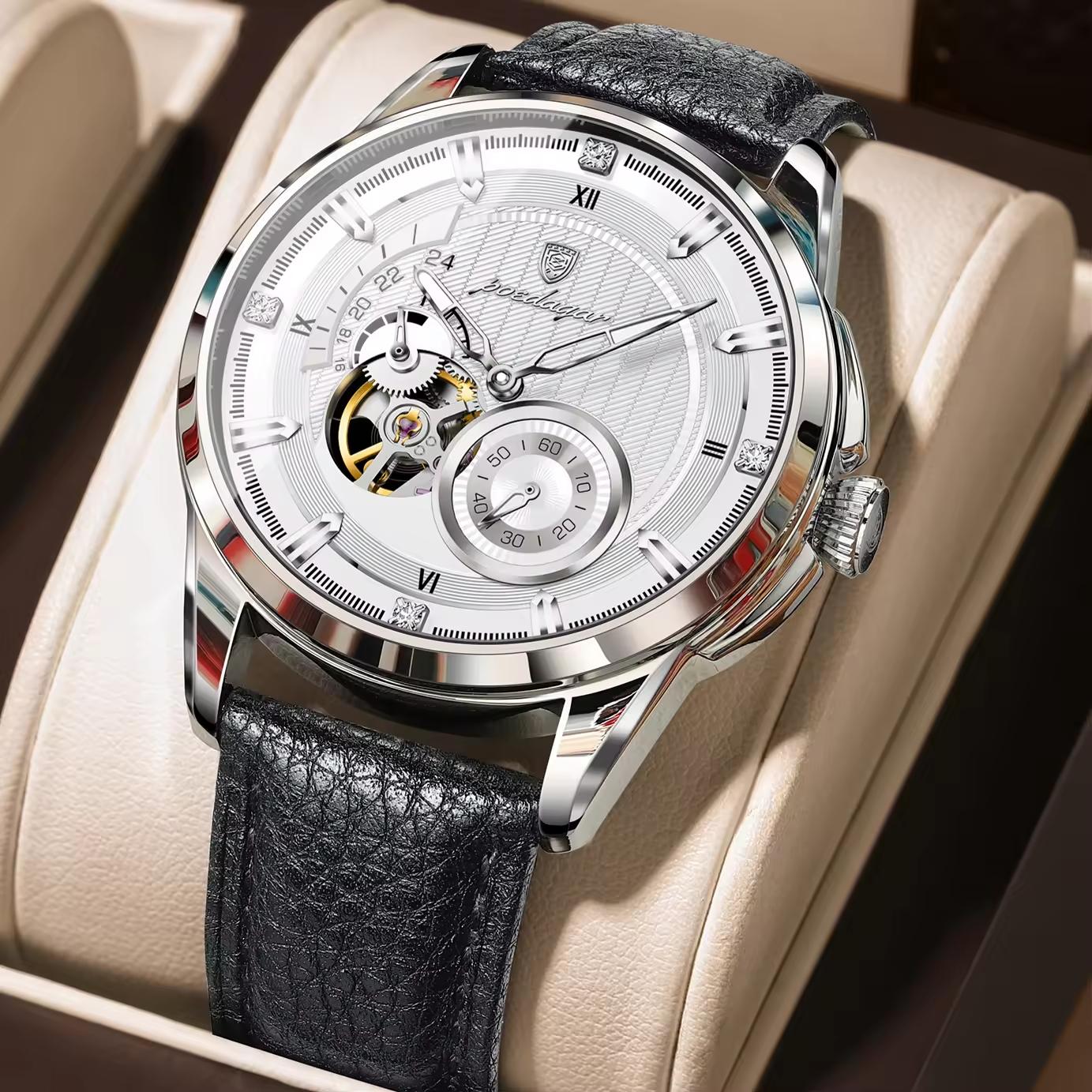 POEDAGAR 1427 Automatic Wristwatch Leather Band Men Mechanical Watches Waterproof Men Watch 1427
