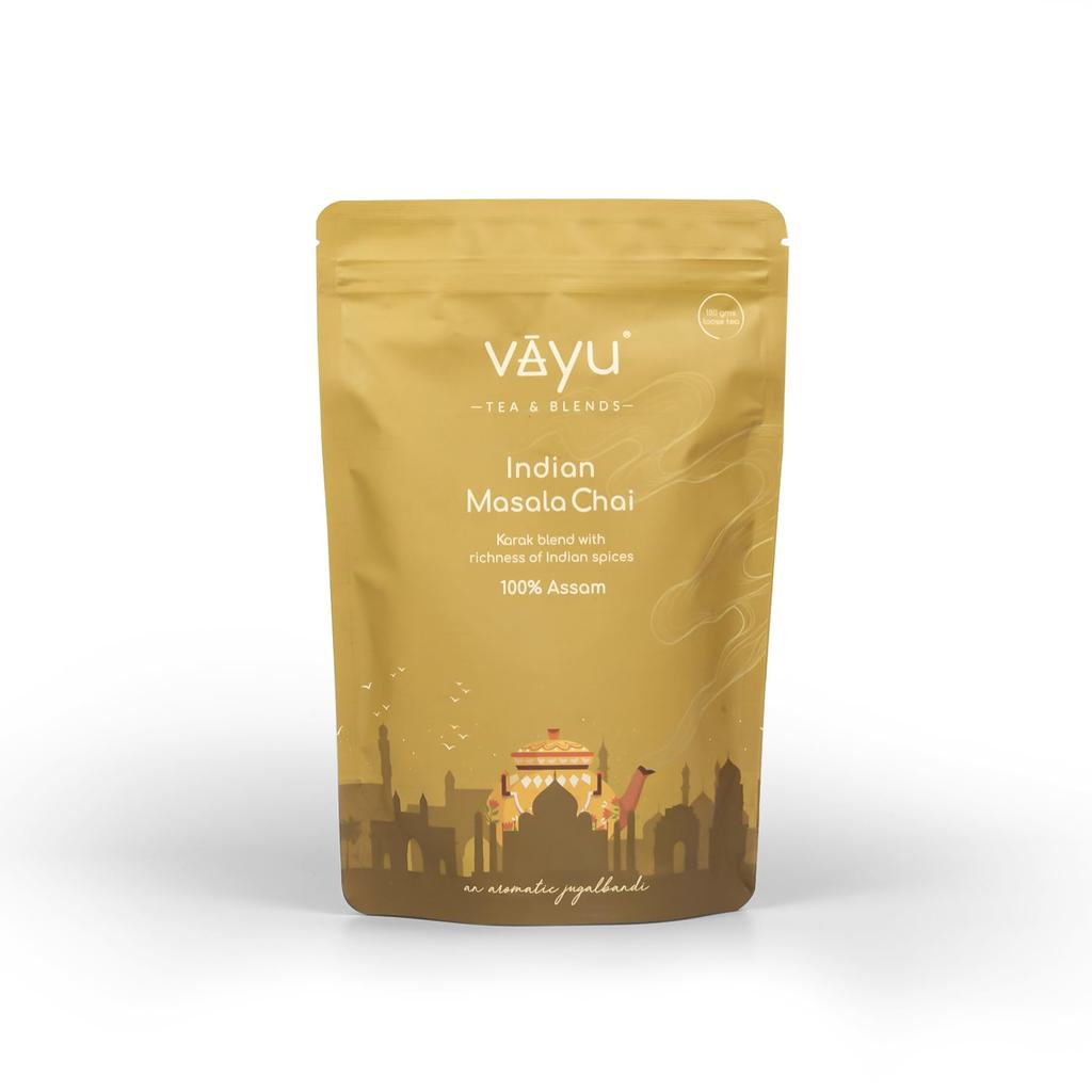 Vayu Indian Masala Chai - 180 gm Loose Tea - Premium Assam black tea with 100% Natural Indian Spices - Ginger, Cinnamon, Cardamom - Kadak & rich bl