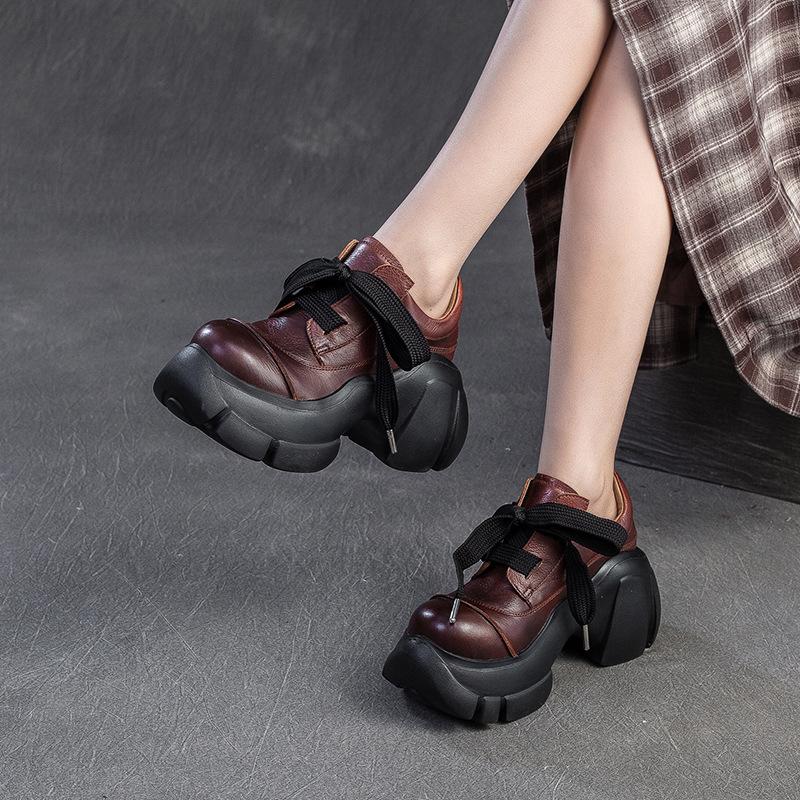 Fashion GKTINOO Genuine Leather Thick Sole Height Increasing Lace Up Pumps 2025 Spring New Casual Versatile Women's Platform Shoes