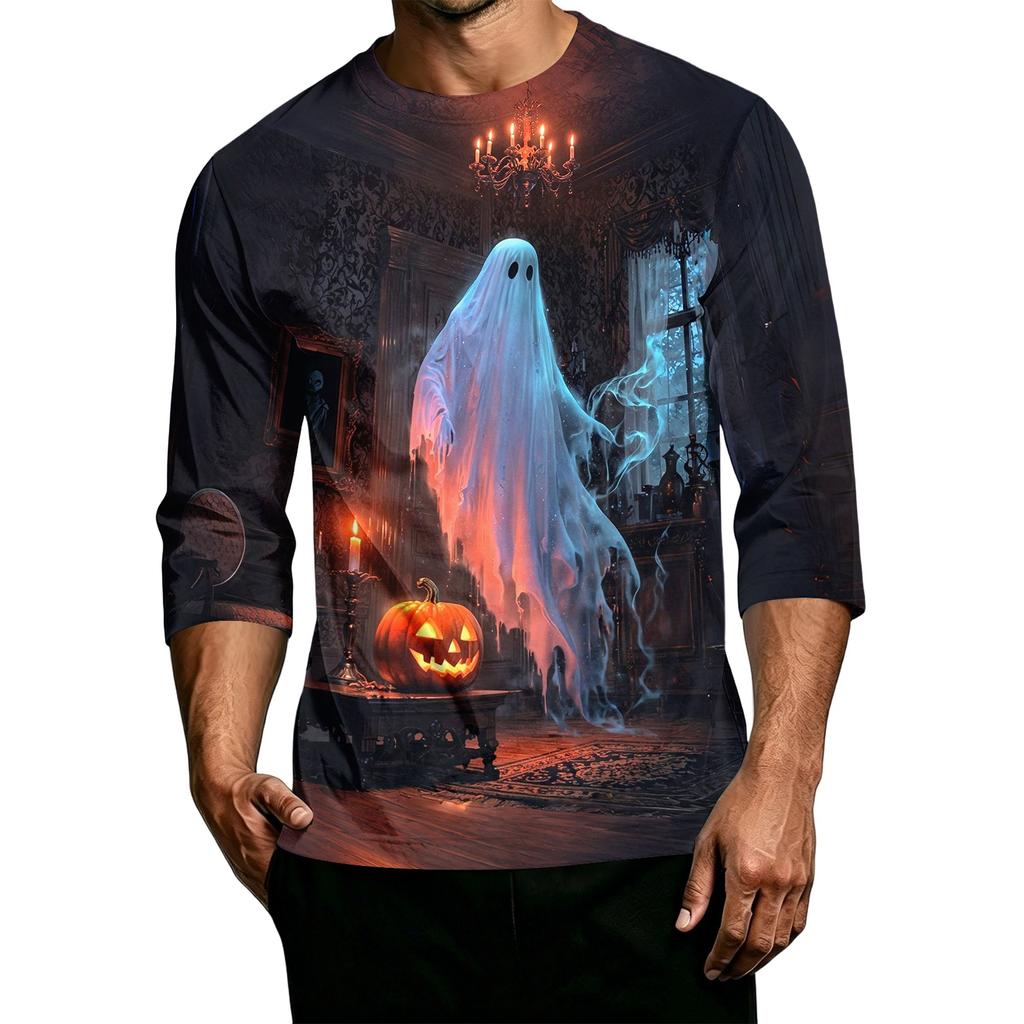 Men's Casual Halloween Printed Crew Neck Three Quarter Sleeve T Shirt with Pumpkin Graphic Loose Fit Comfortable Top