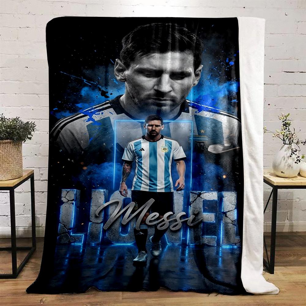 Blue Messi-themed Design Warm Blanket, Football Style. Flannel Blanket for Bedroom, Living Room, Sofa, and Nap.