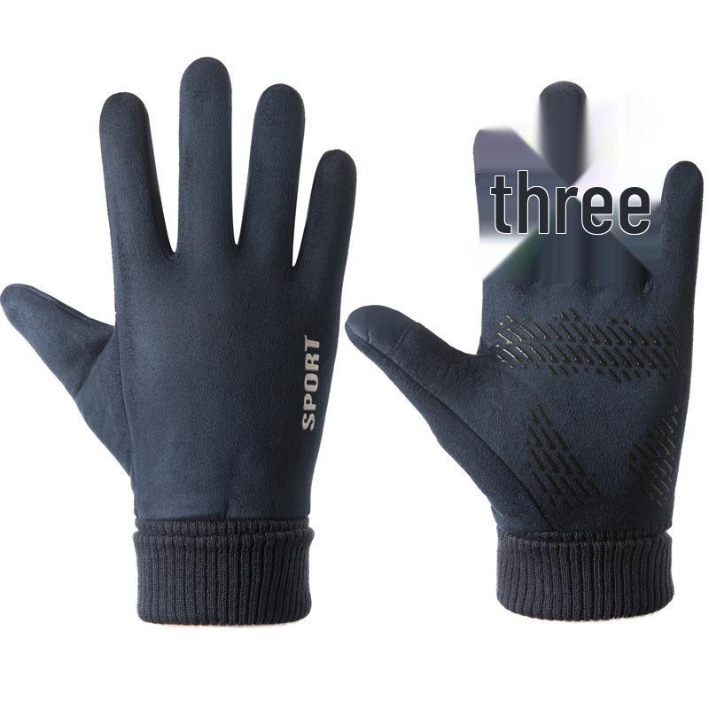 Men's Winter Cycling Suede Gloves - Windproof, Touchscreen, Two-Finger Exposed for Motorcycle and Takeaway Use.
