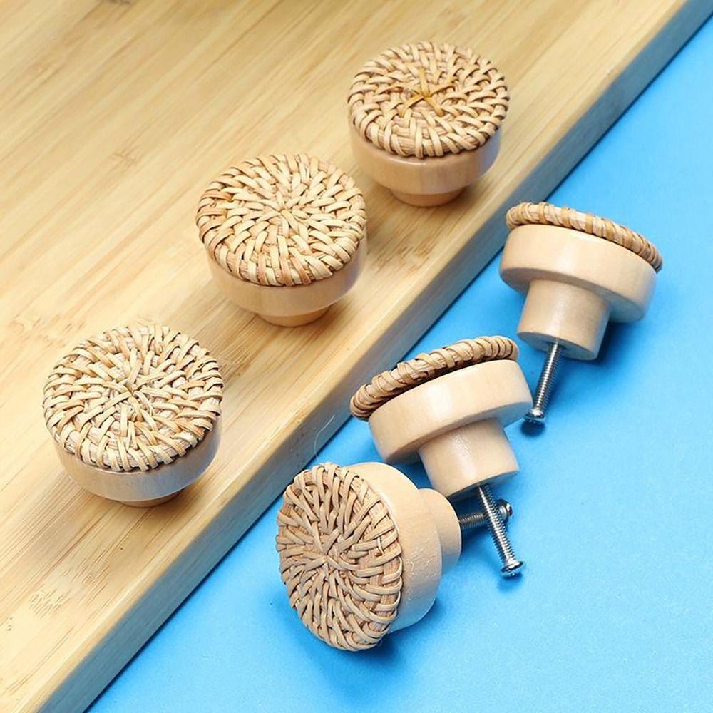 2/4/6/8Pcs Round Rattan Drawer Knobs Solid Wood Door Pulls  Furniture Hardware Accessories