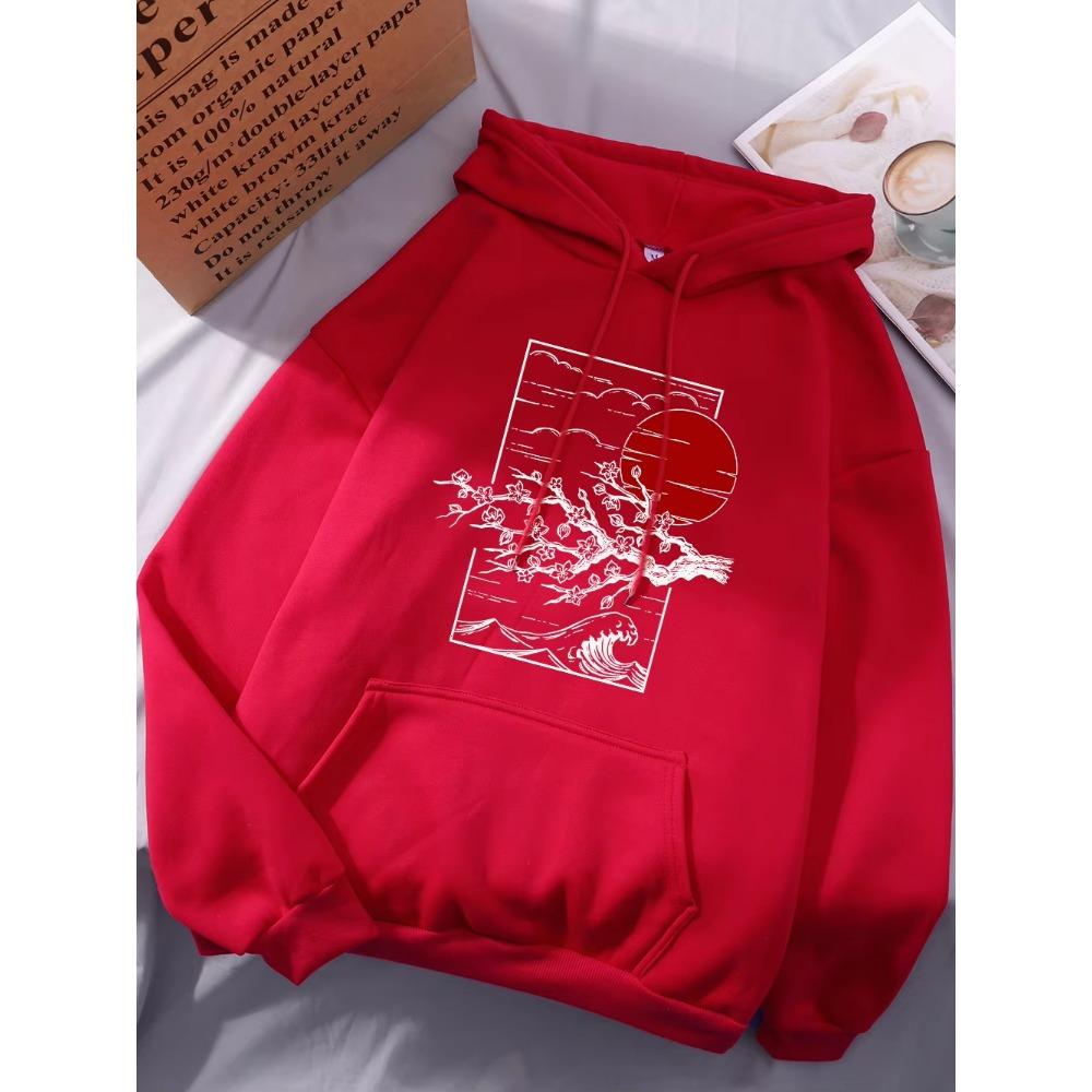 Japanese Cherry Blossoms Printing Hoodies Womens Winter Fleece Warm Sweatshirts Casual Pocket Tops Street Womans
