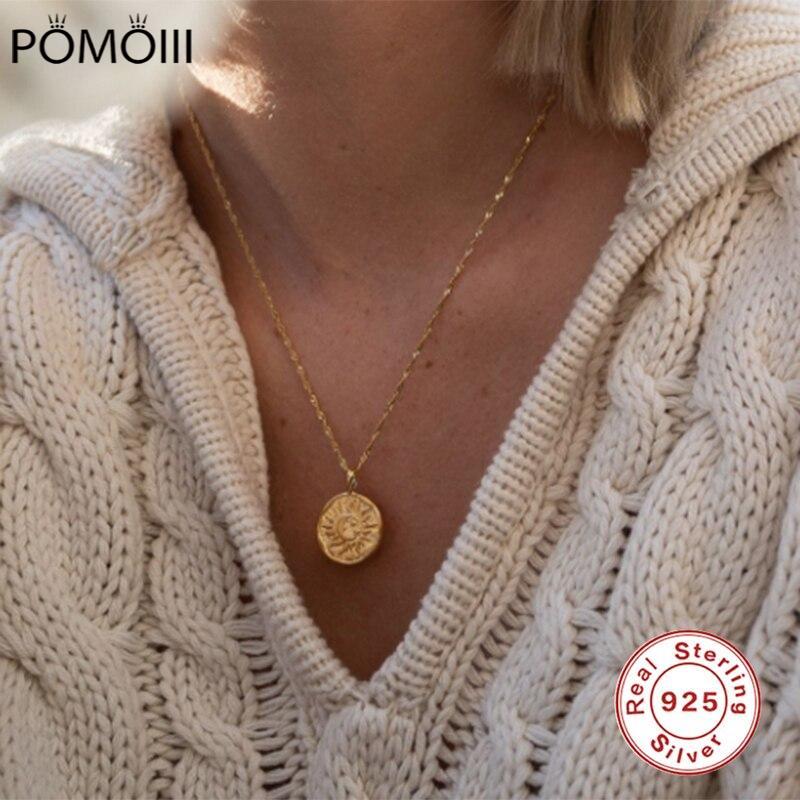 Aide 925 Sterlingové stříbro Slunce Měsíc Hvězda Pozlacený Zlatý Klíční řetízek Náhrdelník pro ženy Jednoduché šperky Svatba Náhrdelníky Collares