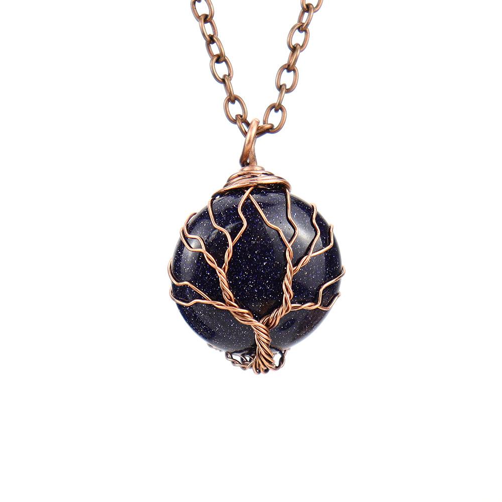 Natural Crystal Rough Stone Amethyst Round Winding Tree Of Life Pendant Necklace N647