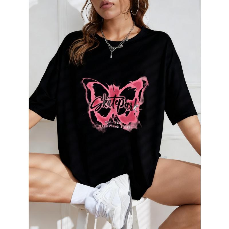 White Oversized T Shirt With Pink Butterfly Skatepark Print For Casual Wear