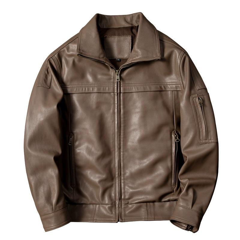 Men Genuine Goatskin Leather Jacket Short Bomber Flight Jacket Large Size Spring Autumn Coat