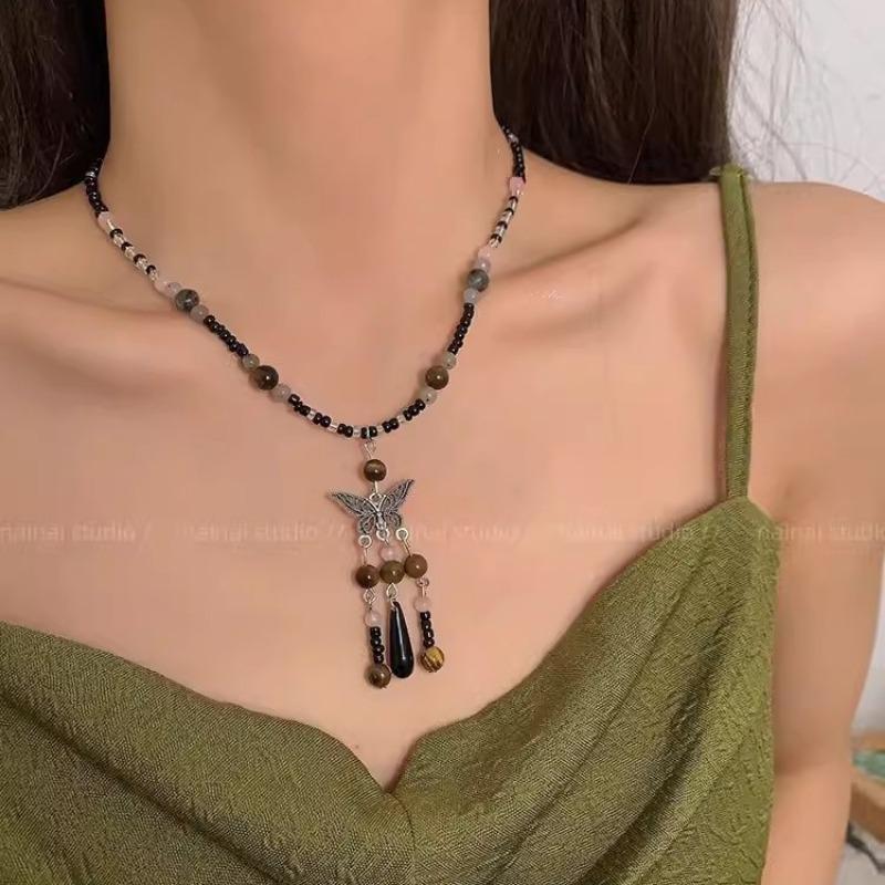 GemChic Women's New Ethnic Vintage Beads Butterfly Tassel Pendant Necklace Versatile Chain Fashion Birthday Christmas Jewelry Gift