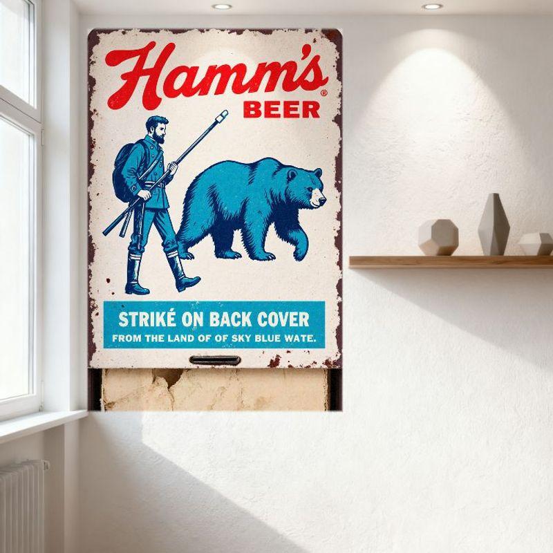 Hamm's Beer Vintage Metal Tin Sign Retro Military Hunting Bear Graphic Wall Plaque for Bar Man Cave Home Decor (Land of Sky Blue