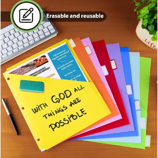 HABGP 8 Tab Dividers for 3 Ring Binder with Front Pocket, 8 Pcs Multicolor 3 Ring Binder Dividers with Tabs, Page Folder Plastic Tabbed File Dividers