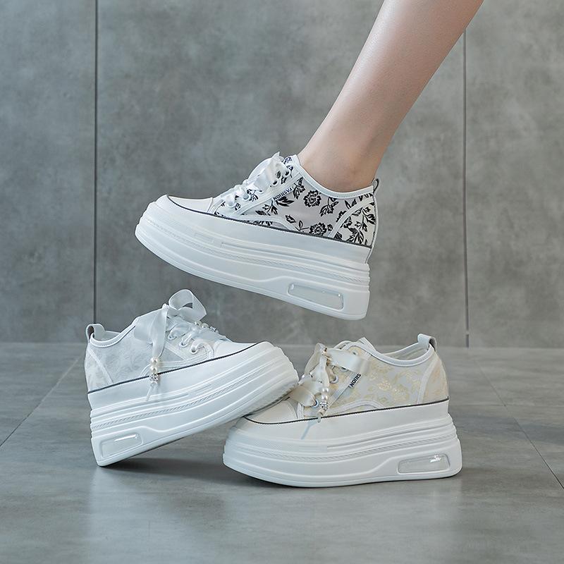 9cm thick-soled inner height-increasing little white shoes women's leather mesh breathable casual sports board shoes women's national style little