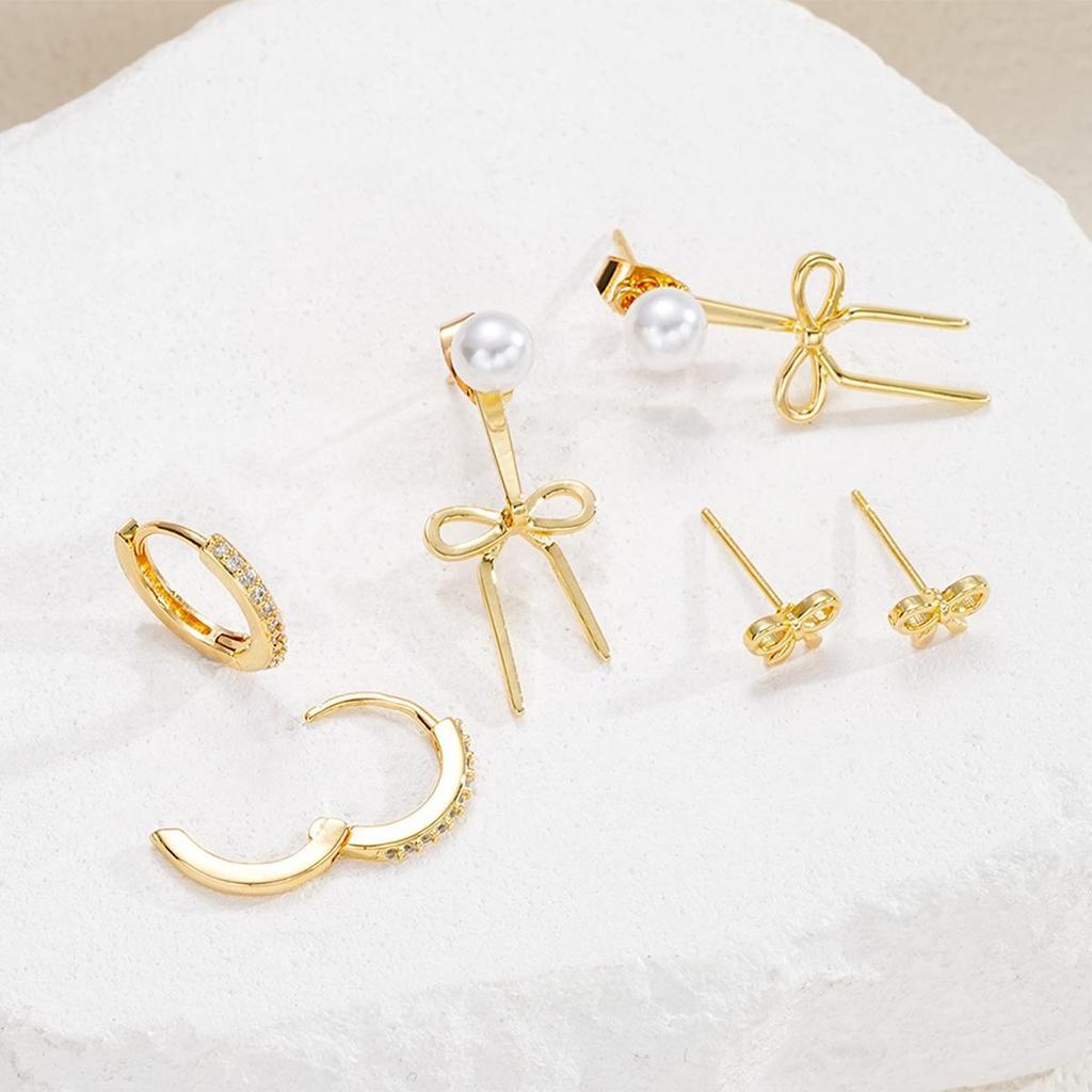 IF ME 6 Pcs/Set Luxury Bowknot Earrings for Women Retro Gold Color Copper Metal Dainty Cute Bow Zircon Stud Earring Jewelry Gift