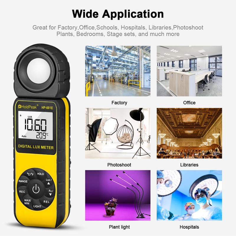 HP-881E Luxmeter Lumen Meter Handheld Light Calibrator with 270° Rotatable Detector, Measuring Range 0.1~300,000Lux
