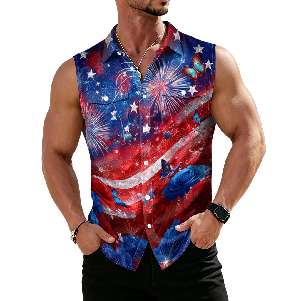 Men's Workwear Lapel Button-Down Vest Shirt - Lightweight Sleeveless Top