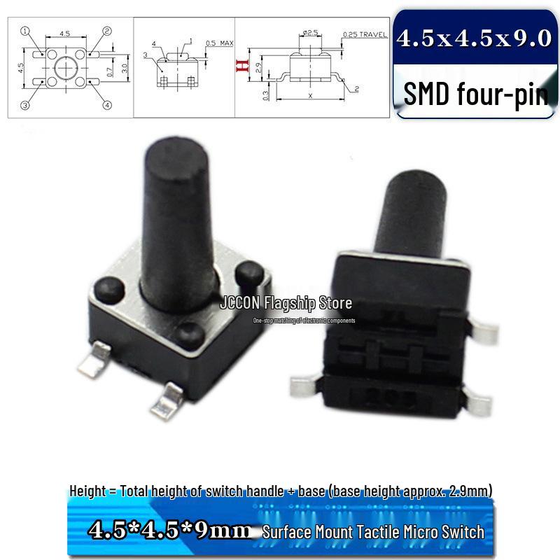 SMD Tactile Micro Switch 4.5x4.5mm, Height Options: 3.8-9mm, Copper Pins